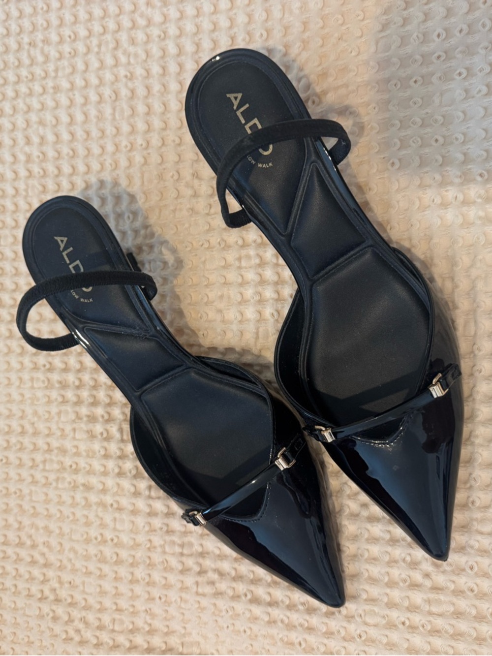 Aldo Black Patent Pointed Toe Slingback Mules